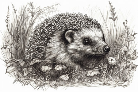 Hand drawn ink illustration of a hedgehog in its natural habitat. Created with generative AI.の素材