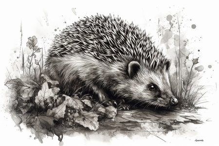 Hand drawn ink illustration of a hedgehog in its natural habitat. Created with generative AI.の素材