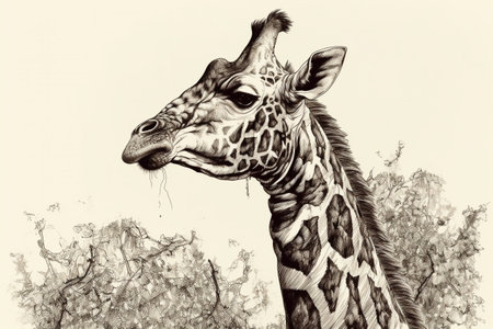 Hand drawn ink illustration of a giraffe in its natural habitat. Created with generative AI.の素材