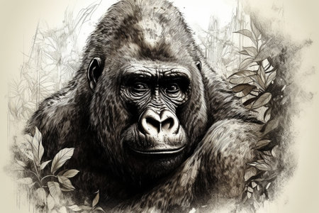 Hand drawn ink illustration of a gorilla in its natural habitat. Created with generative AI.の素材