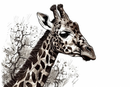 Hand drawn ink illustration of a giraffe in its natural habitat. Created with generative AI.の素材