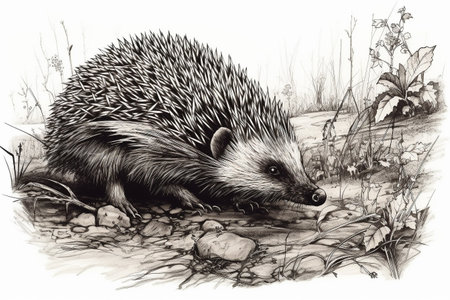 Hand drawn ink illustration of a hedgehog in its natural habitat. Created with generative AI.の素材
