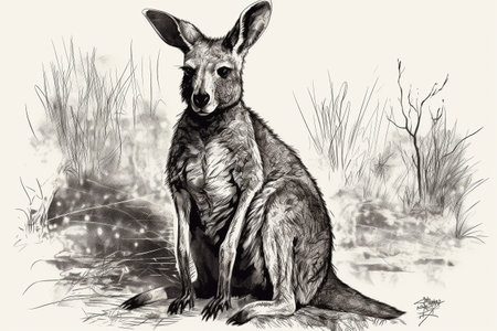 Hand drawn ink illustration of a kangaroo in its natural habitat. Created with generative AI.の素材