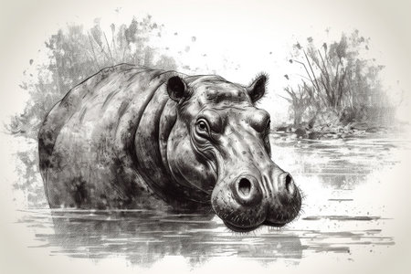 Hand drawn ink illustration of a hippopotamus in its natural habitat. Created with generative AI.の素材
