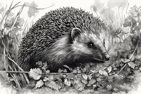 Hand drawn ink illustration of a hedgehog in its natural habitat. Created with generative AI.の素材