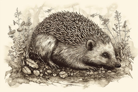 Hand drawn ink illustration of a hedgehog in its natural habitat. Created with generative AI.の素材