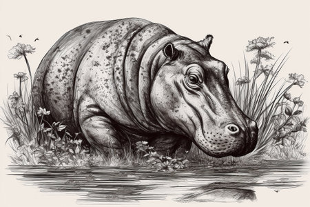 Hand drawn ink illustration of a hippopotamus in its natural habitat. Created with generative AI.の素材