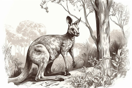 Hand drawn ink illustration of a kangaroo in its natural habitat. Created with generative AI.の素材
