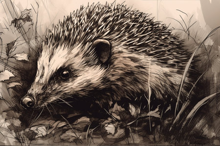 Hand drawn ink illustration of a hedgehog in its natural habitat. Created with generative AI.の素材