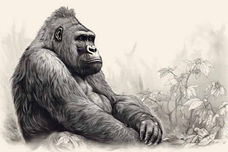 Hand drawn ink illustration of a gorilla in its natural habitat. Created with generative AI.の素材