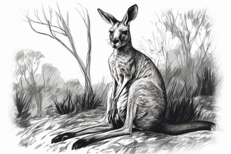 Hand drawn ink illustration of a kangaroo in its natural habitat. Created with generative AI.の素材