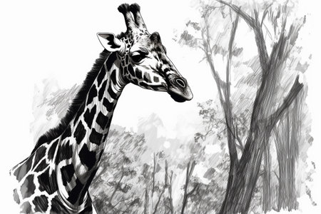 Hand drawn ink illustration of a giraffe in its natural habitat. Created with generative AI.の素材
