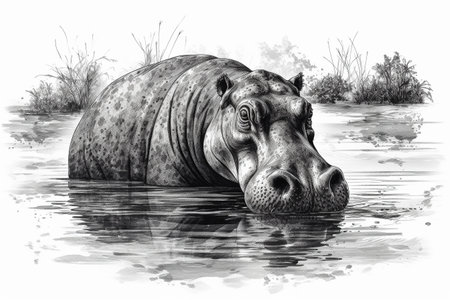 Hand drawn ink illustration of a hippopotamus in its natural habitat. Created with generative AI.の素材