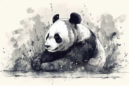 Hand drawn ink illustration of a panda bear in its natural habitat. Created with generative AI.の素材