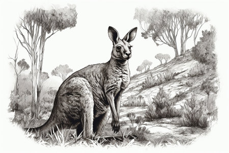 Hand drawn ink illustration of a kangaroo in its natural habitat. Created with generative AI.の素材