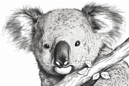Hand drawn ink illustration of a koala bear in its natural habitat. Created with generative AI.の素材
