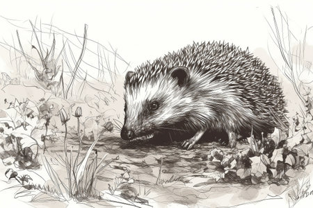 Hand drawn ink illustration of a hedgehog in its natural habitat. Created with generative AI.の素材