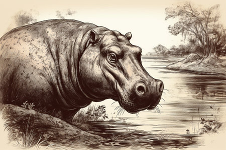 Hand drawn ink illustration of a hippopotamus in its natural habitat. Created with generative AI.の素材