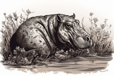 Hand drawn ink illustration of a hippopotamus in its natural habitat. Created with generative AI.の素材