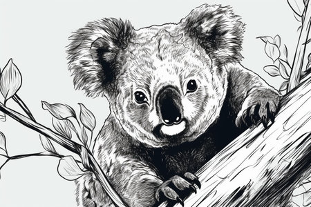 Hand drawn ink illustration of a koala bear in its natural habitat. Created with generative AI.の素材
