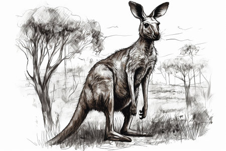 Hand drawn ink illustration of a kangaroo in its natural habitat. Created with generative AI.の素材