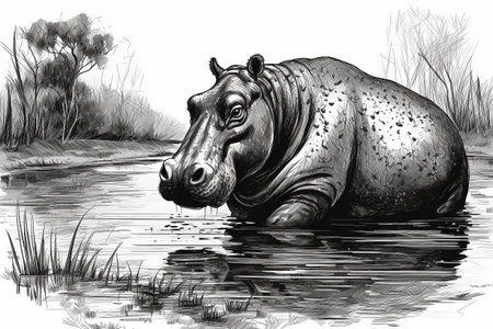 Hand drawn ink illustration of a hippopotamus in its natural habitat. Created with generative AI.の素材