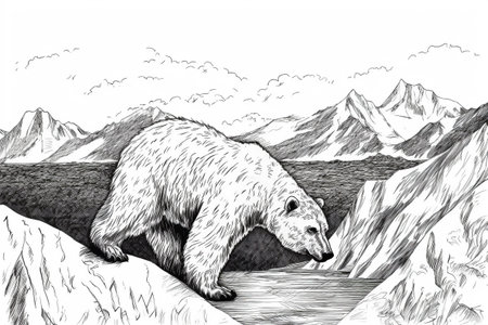 Hand drawn ink illustration of a polar bear in its natural habitat. Created with generative AI.の素材