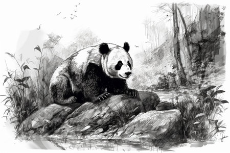 Hand drawn ink illustration of a panda bear in its natural habitat. Created with generative AI.の素材
