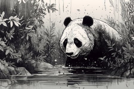 Hand drawn ink illustration of a panda bear in its natural habitat. Created with generative AI.の素材