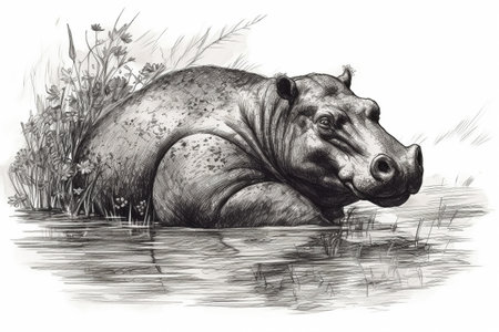 Hand drawn ink illustration of a hippopotamus in its natural habitat. Created with generative AI.の素材