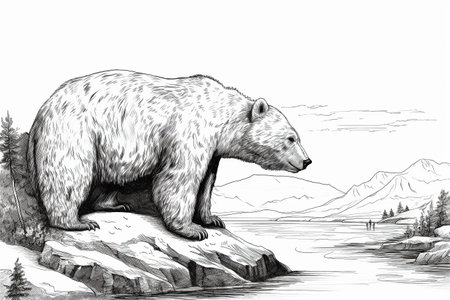 Hand drawn ink illustration of a polar bear in its natural habitat. Created with generative AI.の素材