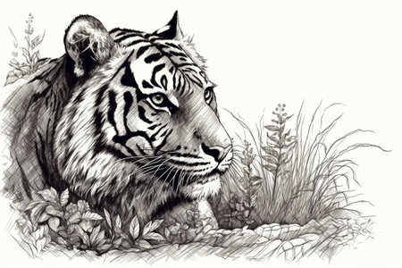 Hand drawn ink illustration of a tiger in its natural habitat. Created with generative AI.の素材
