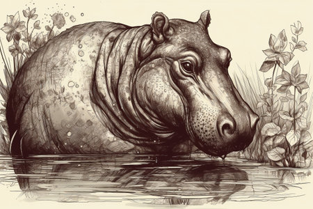 Hand drawn ink illustration of a hippopotamus in its natural habitat. Created with generative AI.の素材