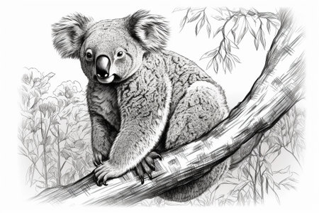 Hand drawn ink illustration of a koala bear in its natural habitat. Created with generative AI.の素材