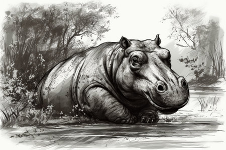 Hand drawn ink illustration of a hippopotamus in its natural habitat. Created with generative AI.の素材