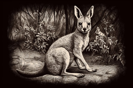 Hand drawn ink illustration of a kangaroo in its natural habitat. Created with generative AI.の素材