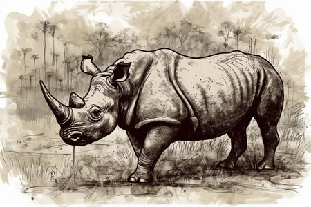 Hand drawn ink illustration of a rhinoceros in its natural habitat. Created with generative AI.の素材