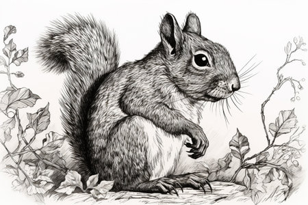 Hand drawn ink illustration of a squirrel in its natural habitat. Created with generative AI.の素材