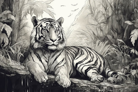 Hand drawn ink illustration of a tiger in its natural habitat. Created with generative AI.の素材