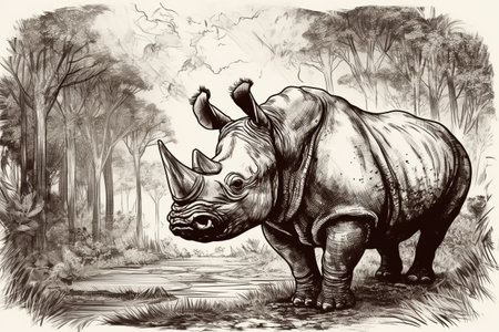 Hand drawn ink illustration of a rhinoceros in its natural habitat. Created with generative AI.の素材