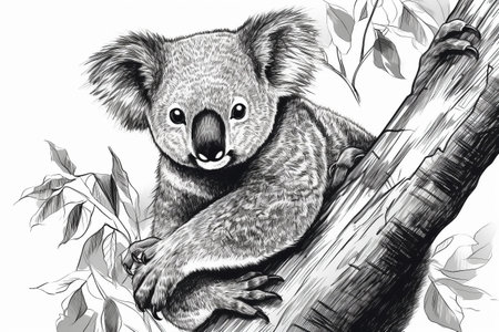 Hand drawn ink illustration of a koala bear in its natural habitat. Created with generative AI.の素材
