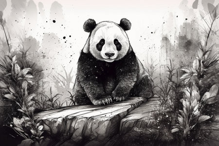 Hand drawn ink illustration of a panda bear in its natural habitat. Created with generative AI.の素材