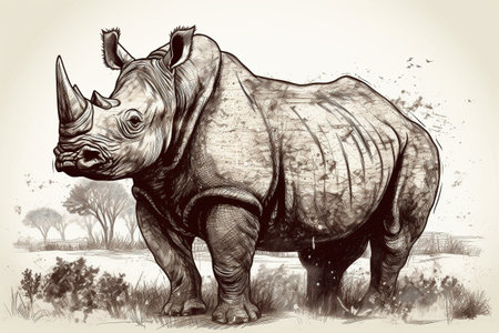 Hand drawn ink illustration of a rhinoceros in its natural habitat. Created with generative AI.の素材