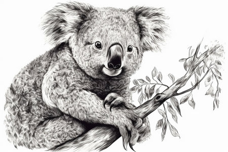 Hand drawn ink illustration of a koala bear in its natural habitat. Created with generative AI.の素材