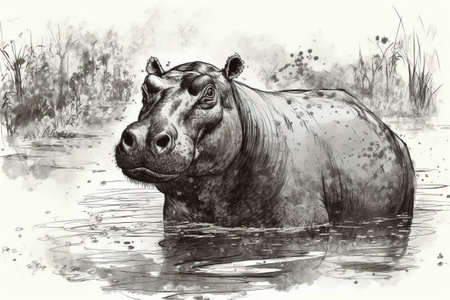 Hand drawn ink illustration of a hippopotamus in its natural habitat. Created with generative AI.の素材