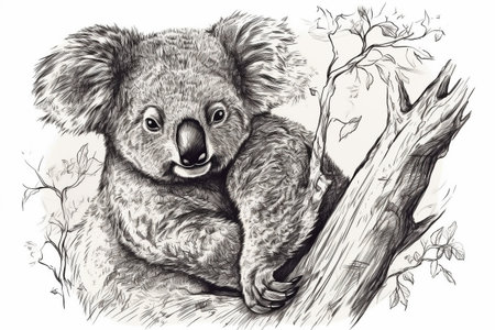 Hand drawn ink illustration of a koala bear in its natural habitat. Created with generative AI.の素材