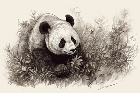 Hand drawn ink illustration of a panda bear in its natural habitat. Created with generative AI.の素材