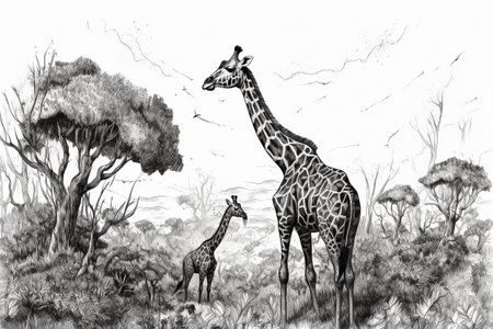 Hand drawn ink illustration of a giraffe in its natural habitat. Created with generative AI.の素材