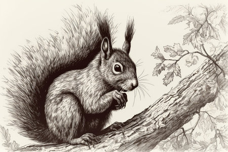 Hand drawn ink illustration of a squirrel in its natural habitat. Created with generative AI.の素材