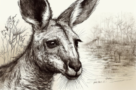 Hand drawn ink illustration of a kangaroo in its natural habitat. Created with generative AI.の素材